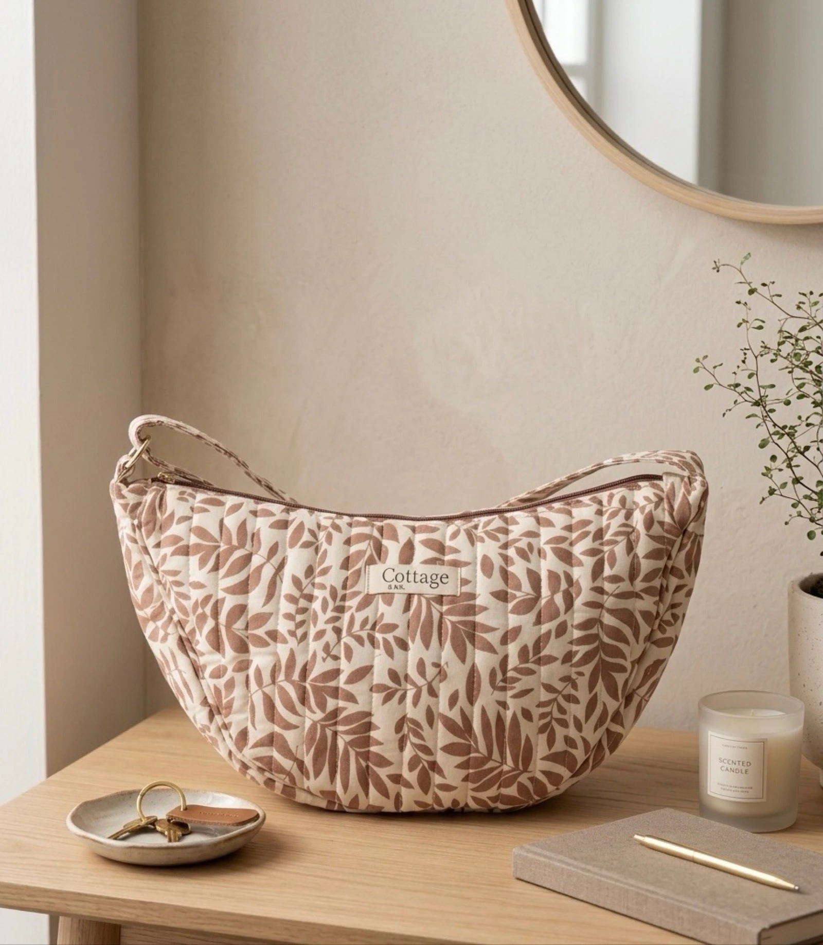 Sac Lune 100% Coton Matelassé Collection Cottage & Bag / Modèle Grandes Feuilles Rose